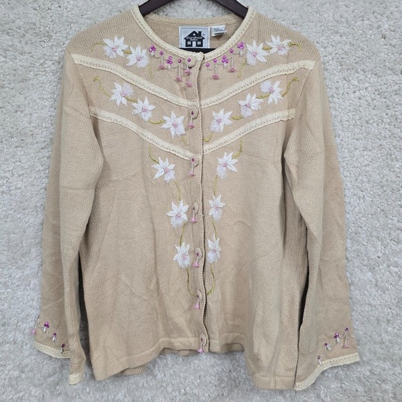 Storybook Knits Sweaters - Storybook Knits Sweater Medium Tan Cardigan Floral Cottage Granny Orchid Evening